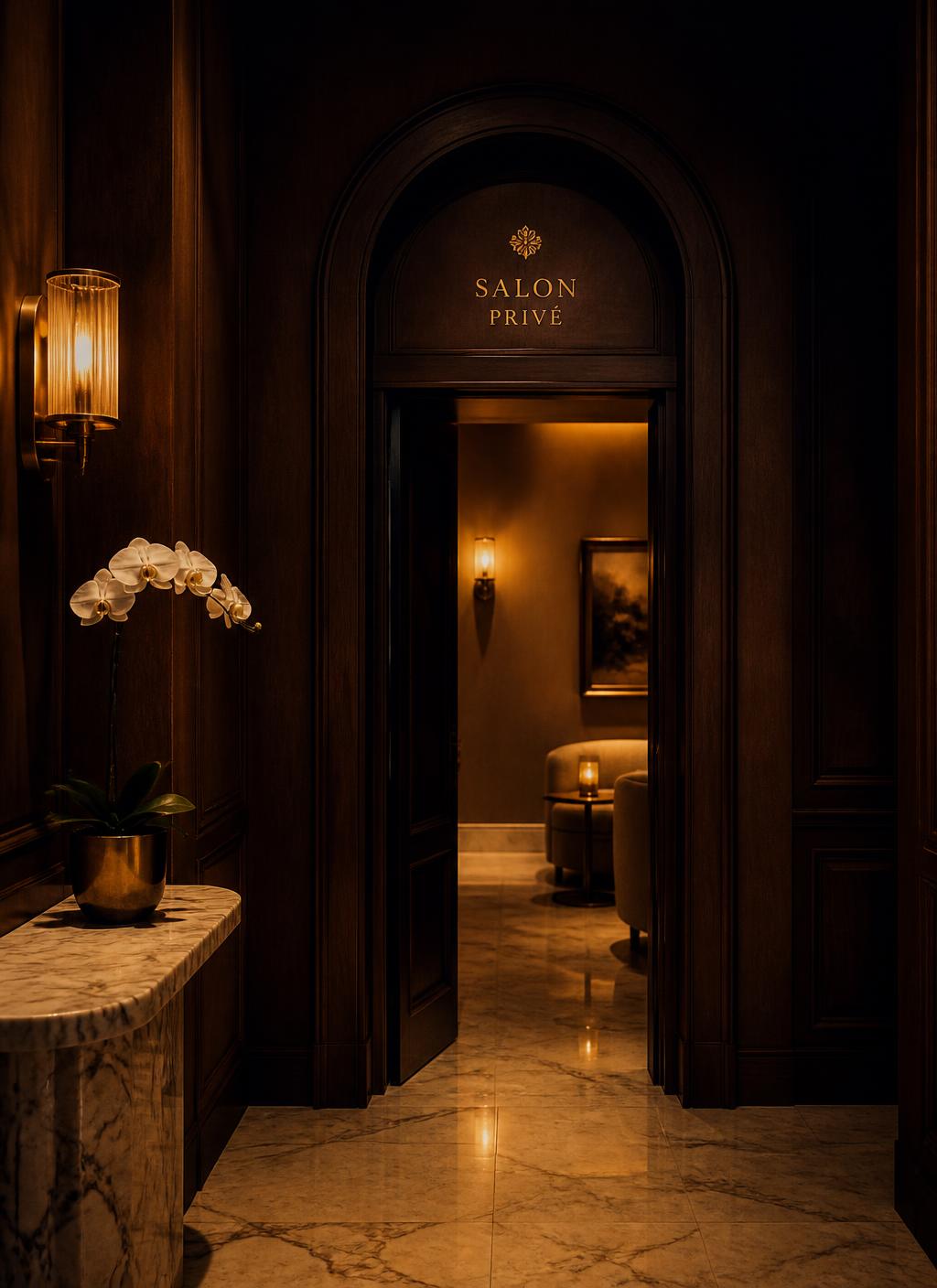 Arched espresso-panelled corridor with glowing brass sconces leading to a private salon suite
