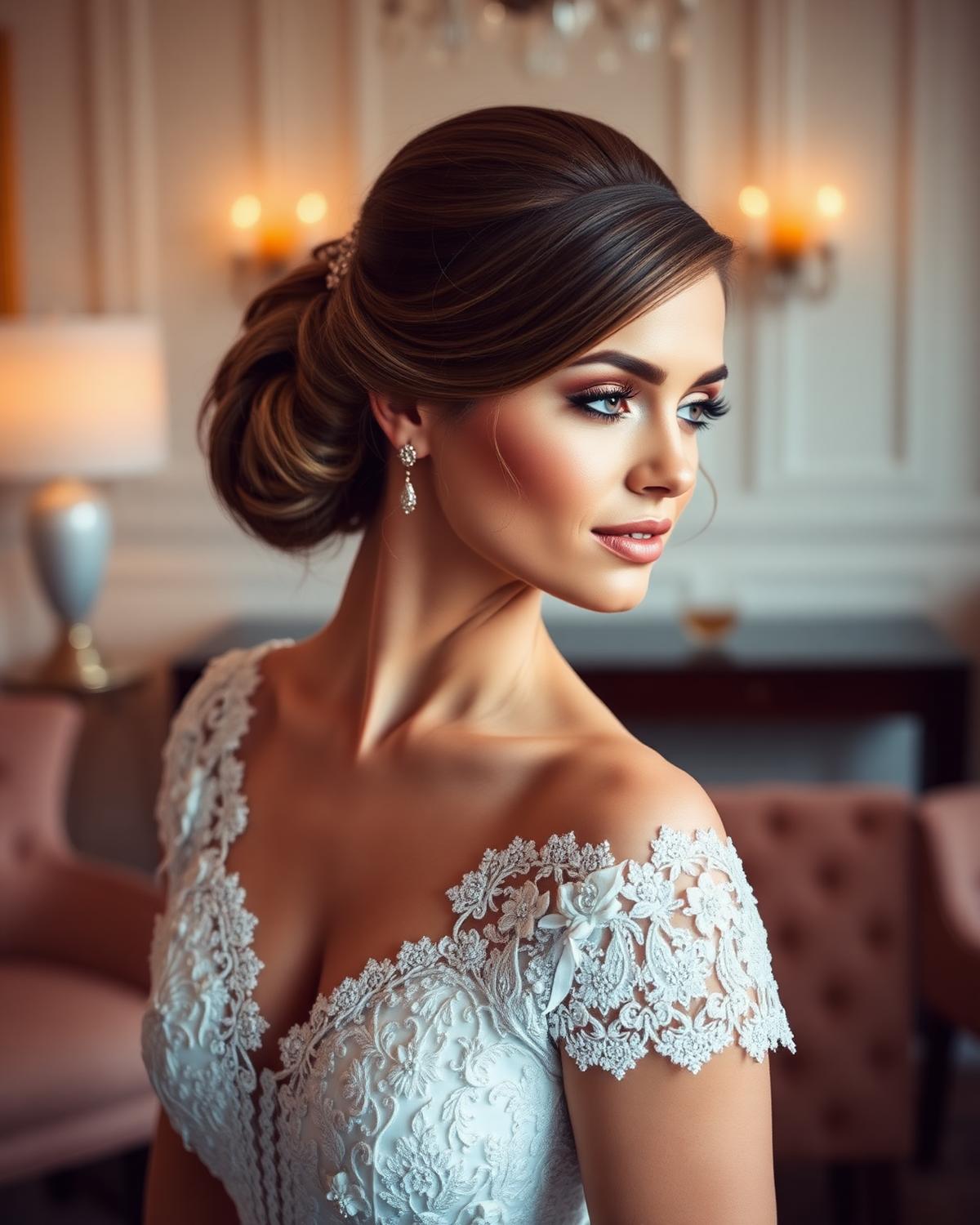 Bride wearing a sculpted low chignon and soft luminous bridal makeup
