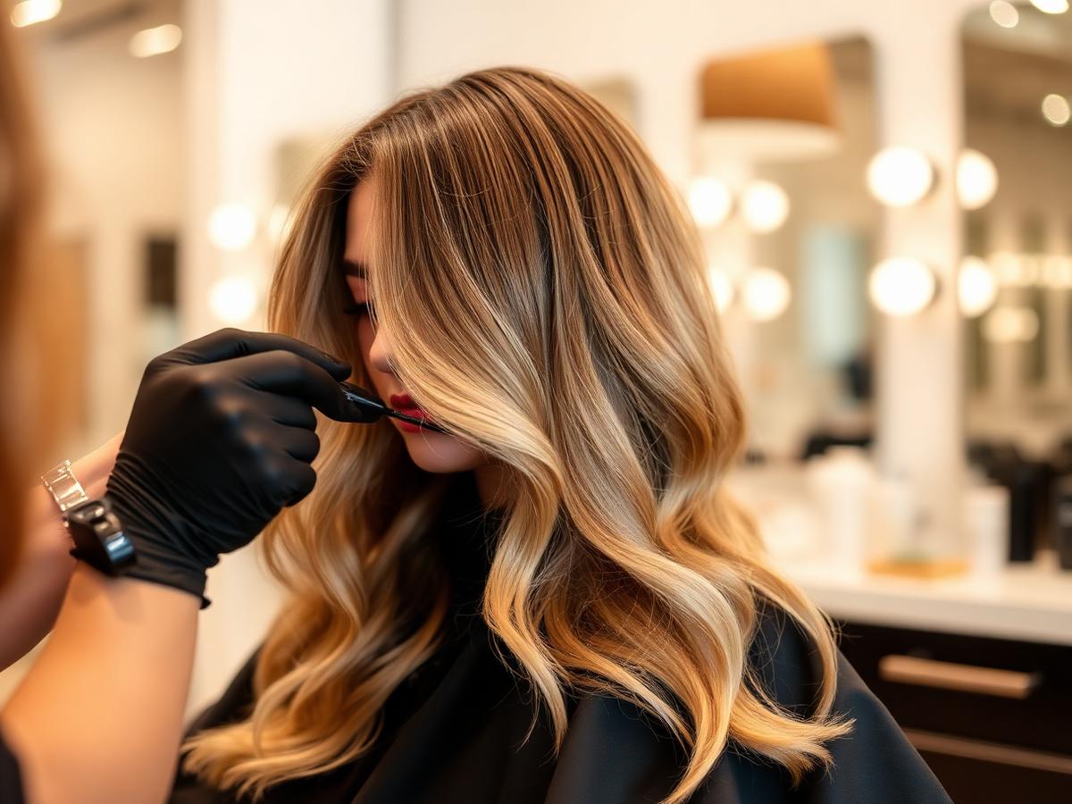 Stylist hand-painting balayage highlights through mid-length hair