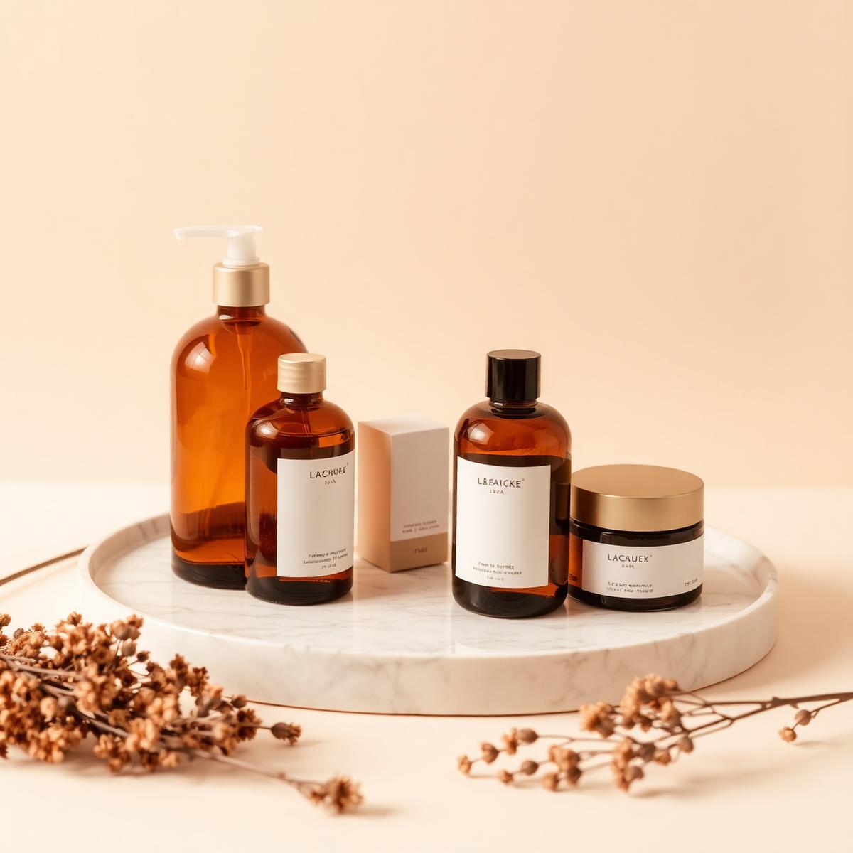 Amber glass haircare and skincare bottles styled on a round marble tray