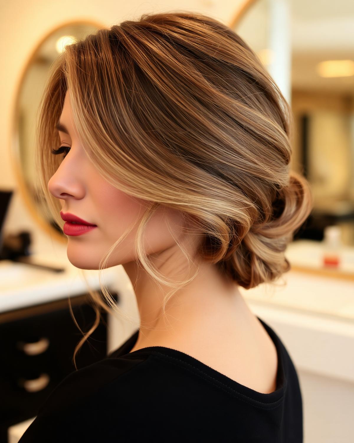 Client with a glossy, softly waved blowout finished at the styling chair