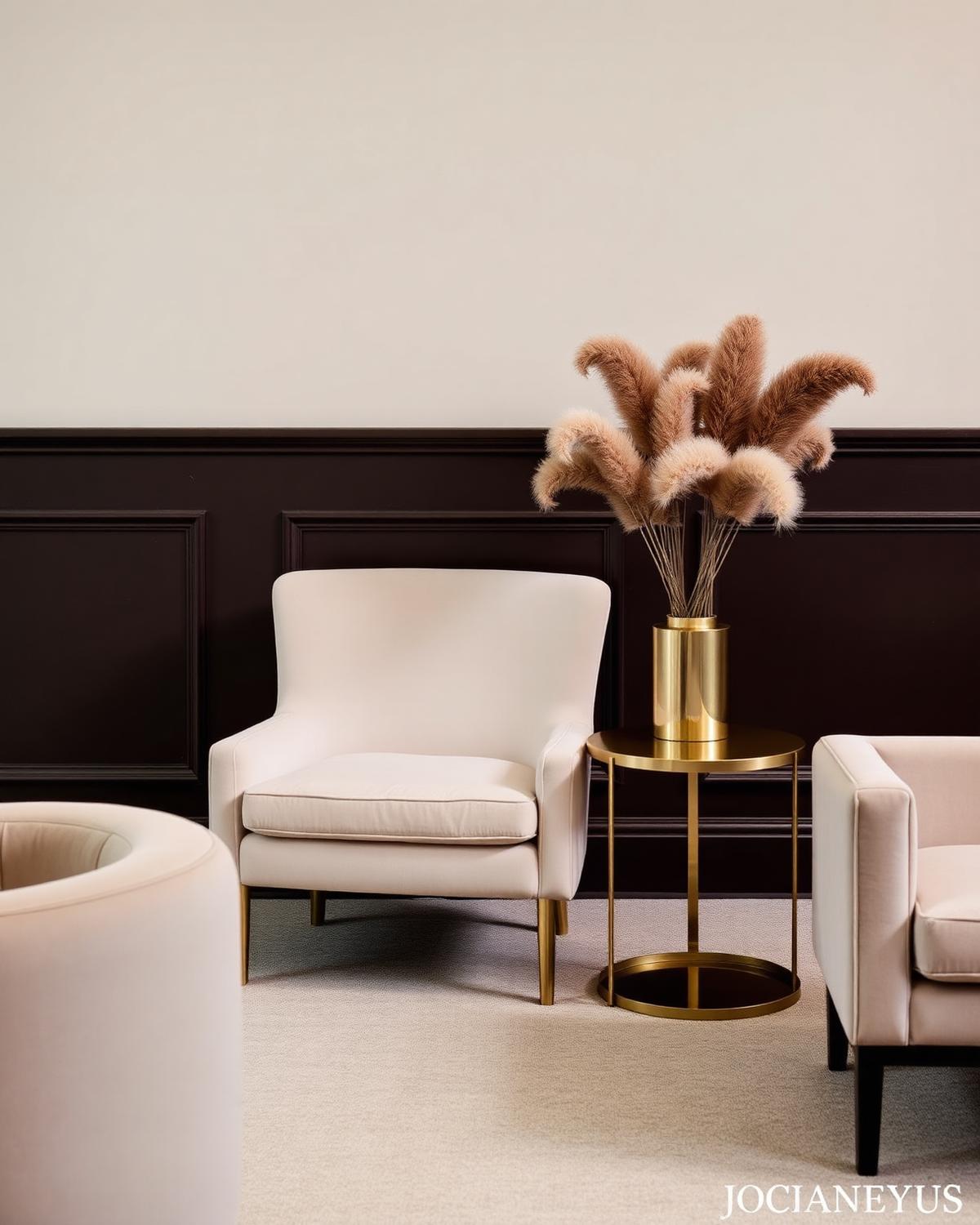 Reception lounge at JB Brands with ivory velvet armchairs, brass side table and espresso panelling