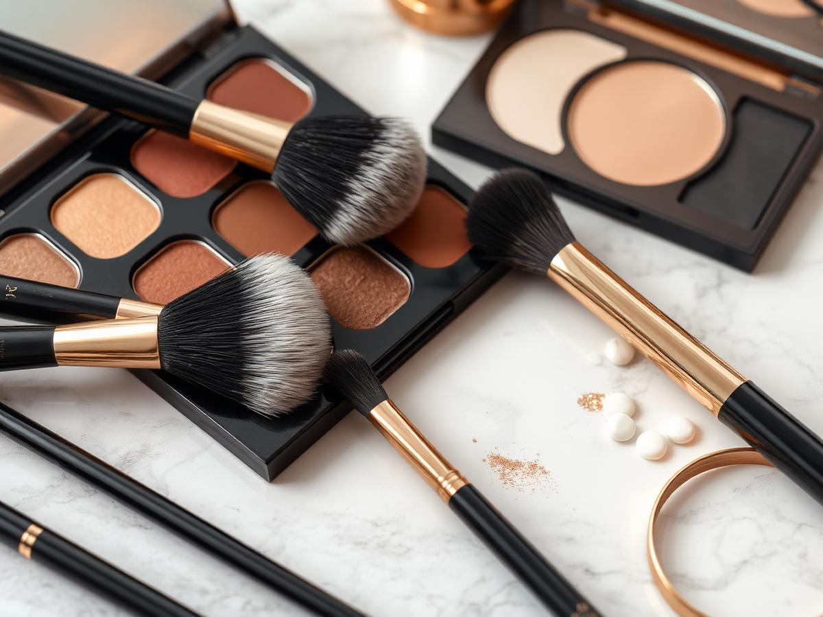 Makeup brushes and a neutral eyeshadow palette arranged on marble
