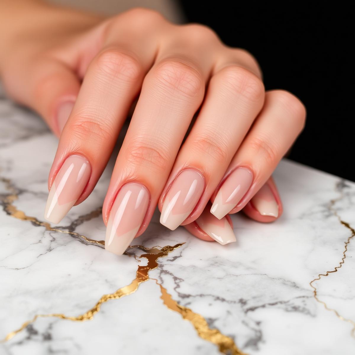 Close-up of a nude gel manicure resting on a white and gold marble surface