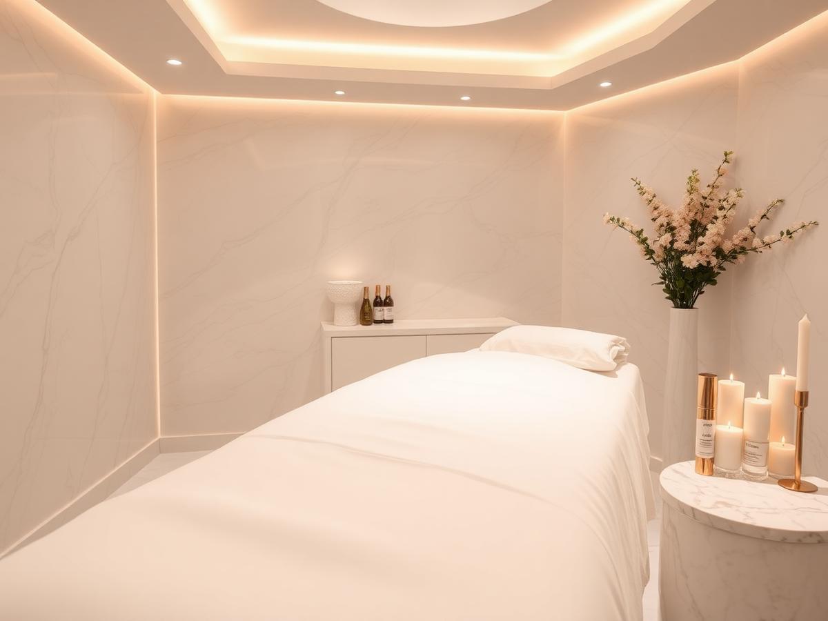 Softly lit facial treatment room with ivory linens, candles and skincare serums