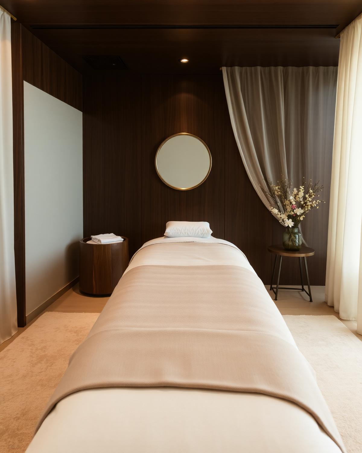 Softly lit treatment suite prepared with warm ivory linens for a spa membership session