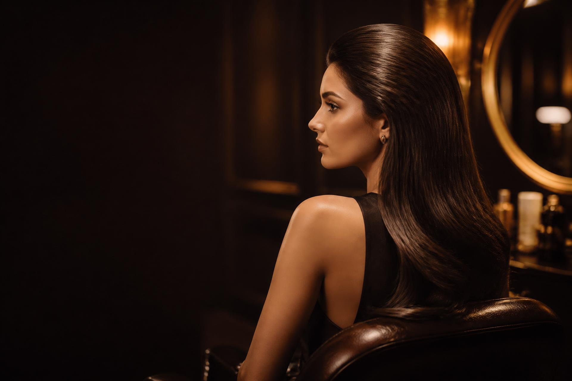 Editorial portrait of a guest with impeccably glossy espresso hair, lit by warm champagne light in a private salon