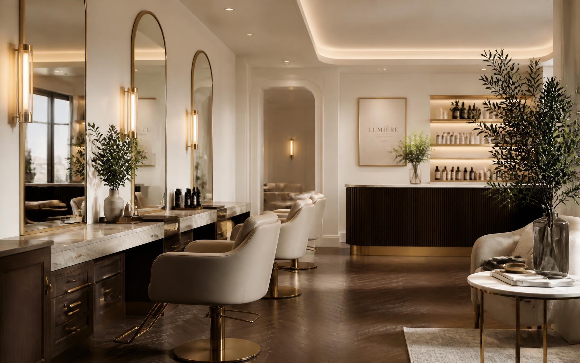Ivory and espresso salon floor with brass-framed mirrors and marble styling stations