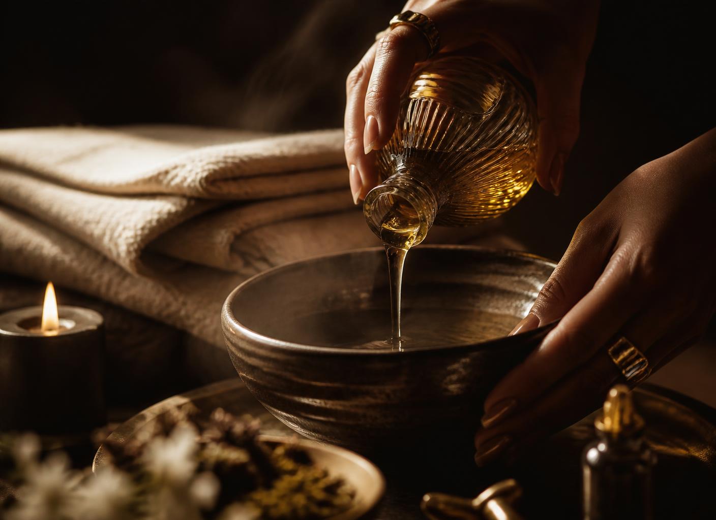 Hands pouring warm golden treatment oil into a ceramic bowl beside folded ivory towels and candlelight